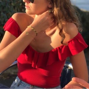 Red V-Neck Short Sleeve Top